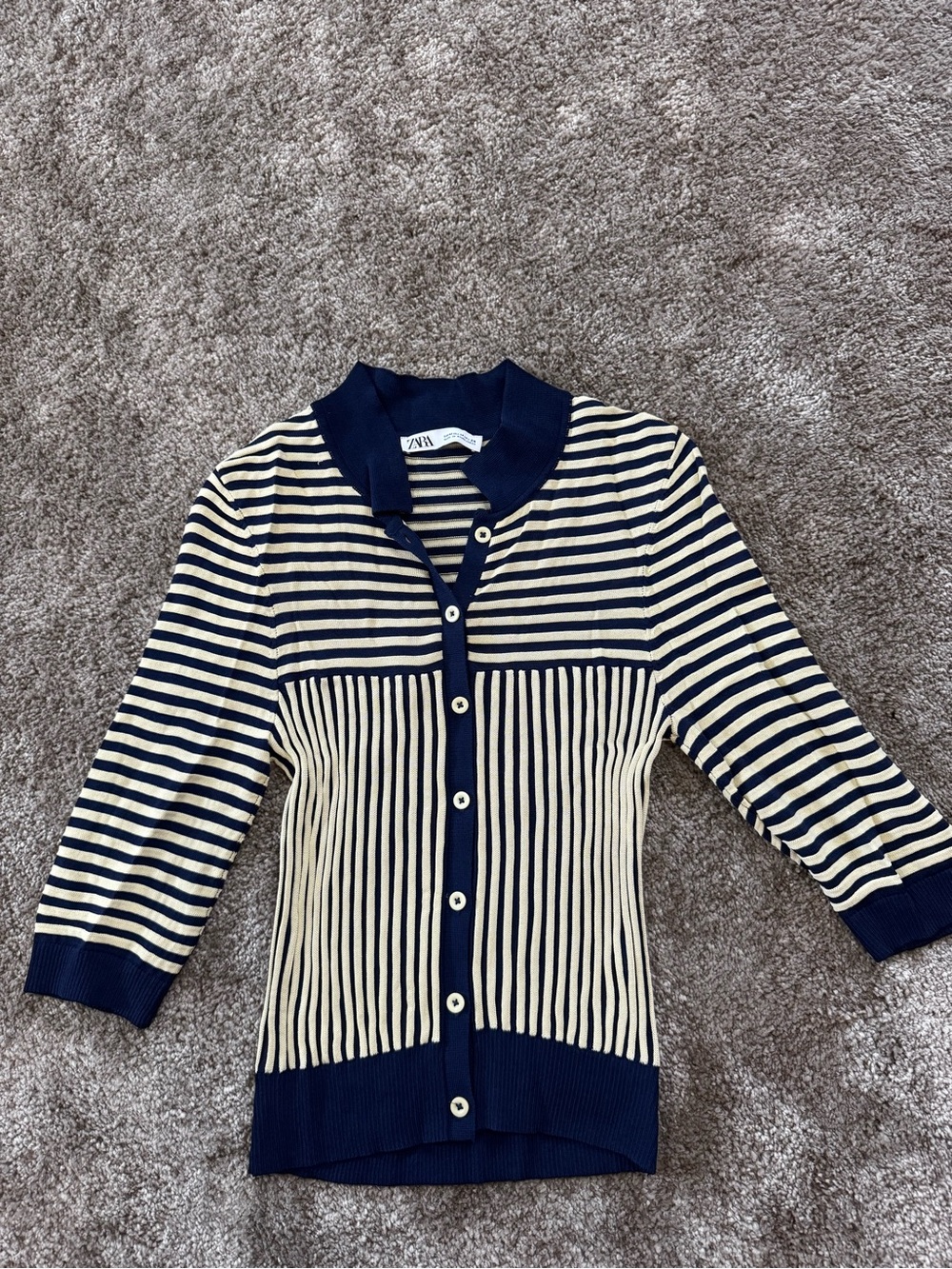 Zara Navy & Cream Striped Button Cardigan